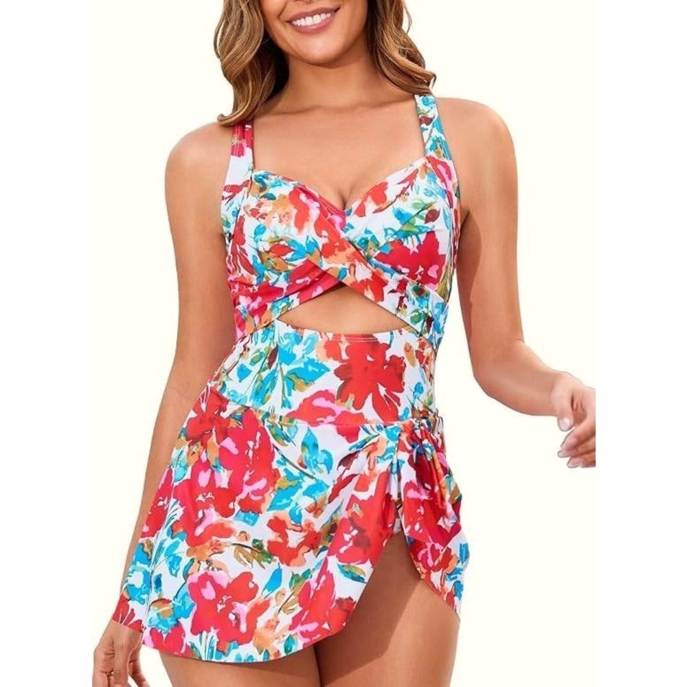 Floral Twist Front Swimdress One Piece Tummy Control Cutout Swimsuit Size M NWOT
